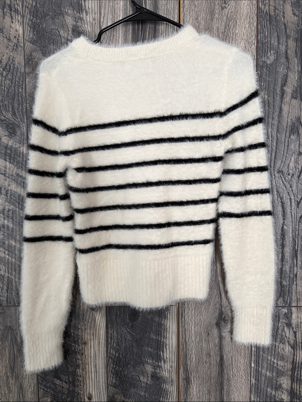 Old Navy Cream and Black Fuzzy Striped Crew Sweater - Picture 3 of 4